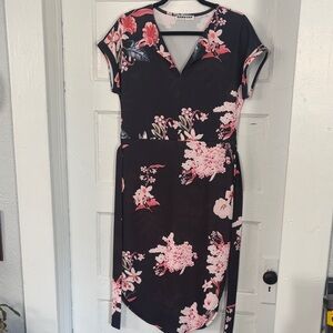 Elegant Black Midi Dress with Pink Floral Pattern